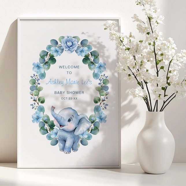Póster Poster Baby Shower de Elefante Azul - Flor acuarel (Baby Shower Welcome Sign)