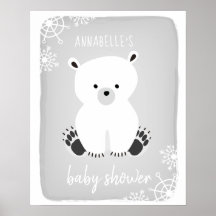 Poster Baby Shower Gris neutro en invierno del oso