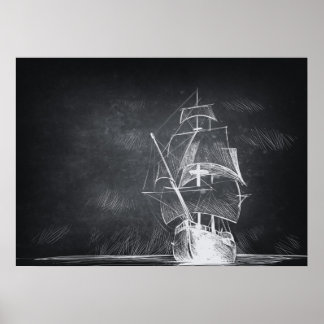 Póster Poster blanco y negro de la barca dibujada a mano
