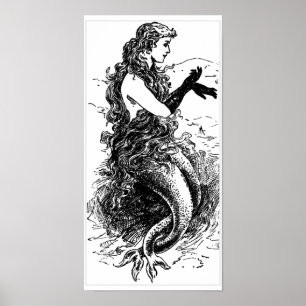 Póster Poster blanco y negro de la sirena del vintage