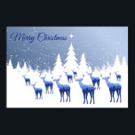 Póster Poster-Blue Deer Winter Scene-Merry Christmas<br><div class="desc">Este poster tiene una escena de invierno azul y blanco con abetos, estrellas, la estrella de los Navidades y una manada de ciervos/alces azules mirando hacia la estrella en lo que parece ser un campo blanco nevado. Feliz Navidad en texto arriba a la derecha. Personalizar este artículo o compre tal...</div>