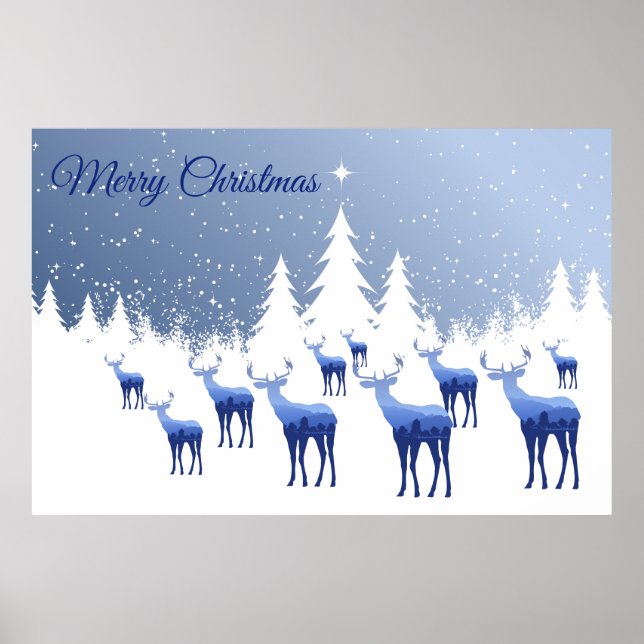 Póster Poster-Blue Deer Winter Scene-Merry Christmas (Frente)