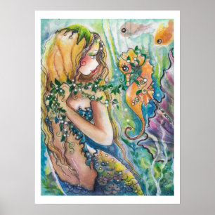 Póster Poster bonito de la sirena y del caballo de mar