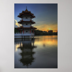 Póster Poster chino del edificio de la pagoda del jardín