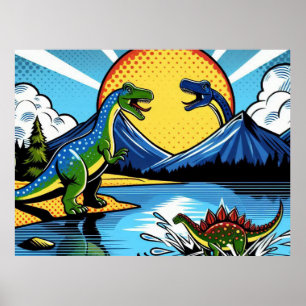 Póster Poster con paisaje de dinosaurios
