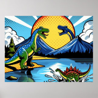 Póster Poster con paisaje de dinosaurios