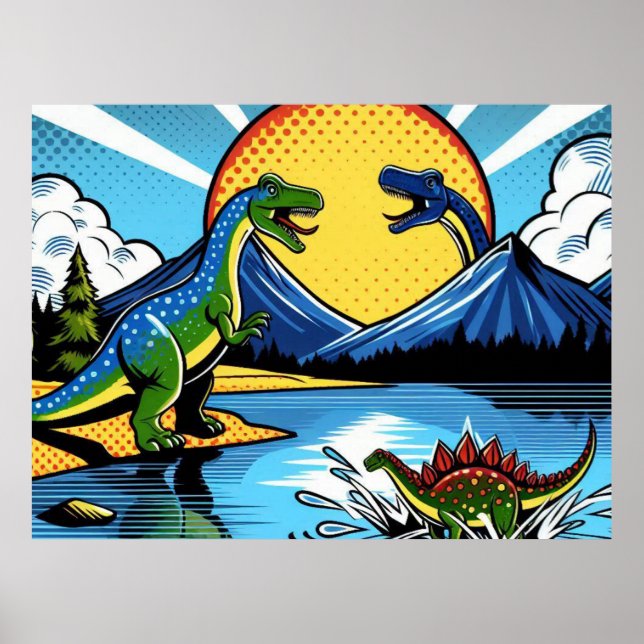 Póster Poster con paisaje de dinosaurios (Frente)
