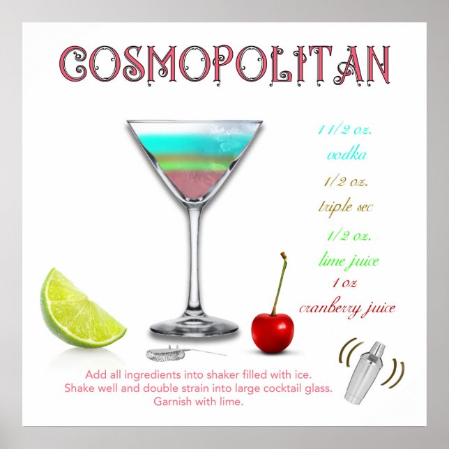Póster Poster Cosmopolitan Vintage Cocktail Recipe (Frente)