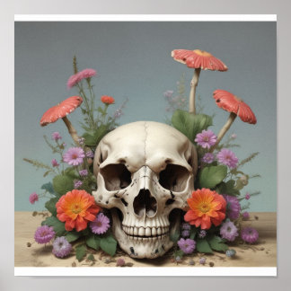 Póster Poster cuadrado - Calavera con hongo y flores