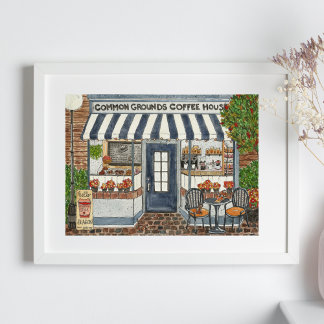 Póster Poster Cute Coffee House Storefront Watercolor
