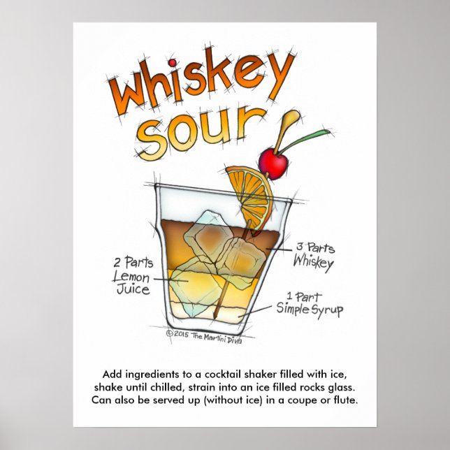 Póster poster de 18" x 24", WHISKEY SOUR RECIPE COCKTAIL  (Frente)