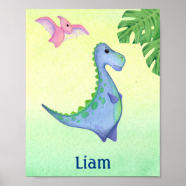Póster Poster de acuarela con nombre de niño de dinosauri