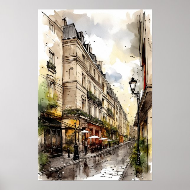 Póster Poster de acuarela de las calles de París (Frente)