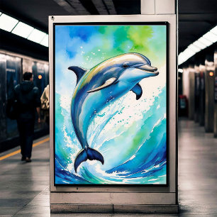 Póster Poster de acuarela de las olas del océano delfín