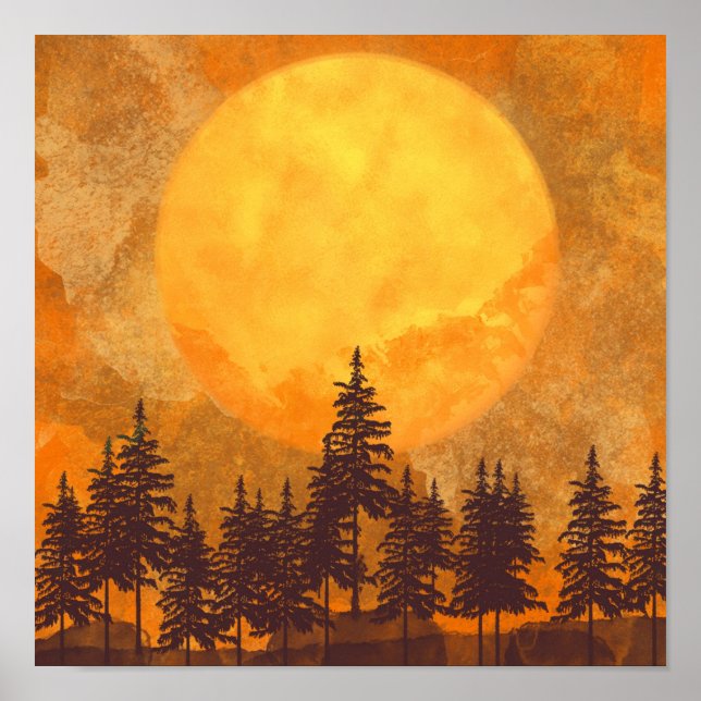 Póster Poster de acuarela del bosque de la luna llena (Frente)