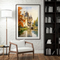 Poster de acuarela del castillo francés antiguo