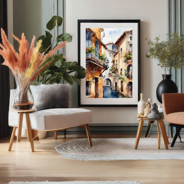 Póster Poster de acuarela del pequeño casco antiguo de Es (Spanish Little Old Town Watercolor Poster)