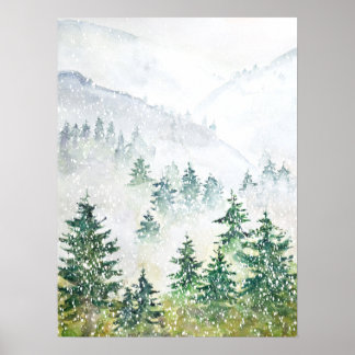 Póster poster de acuarela del pinar nevado