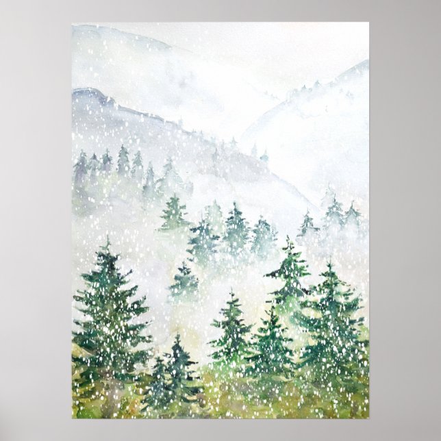 Póster poster de acuarela del pinar nevado (Frente)