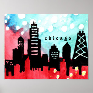Póster Poster de acuarela en horizonte de Chicago
