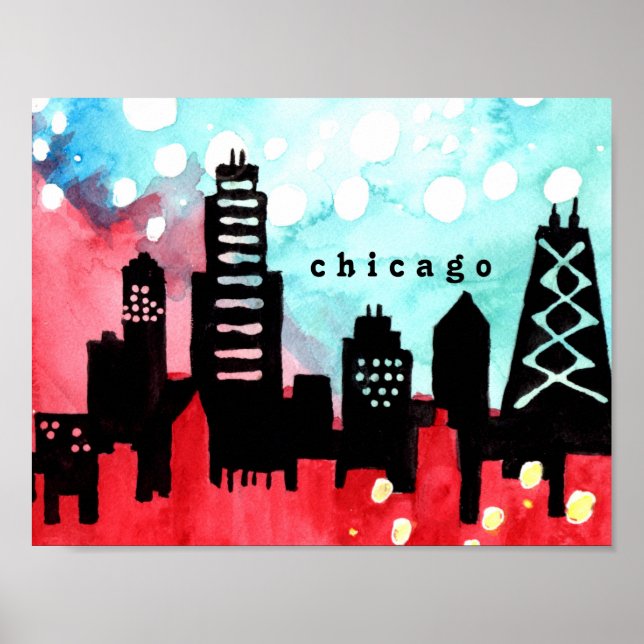 Póster Poster de acuarela en horizonte de Chicago (Frente)