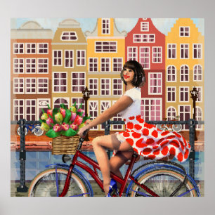 Póster Poster de Amsterdam: Ciclismo Chica Pin-Up.