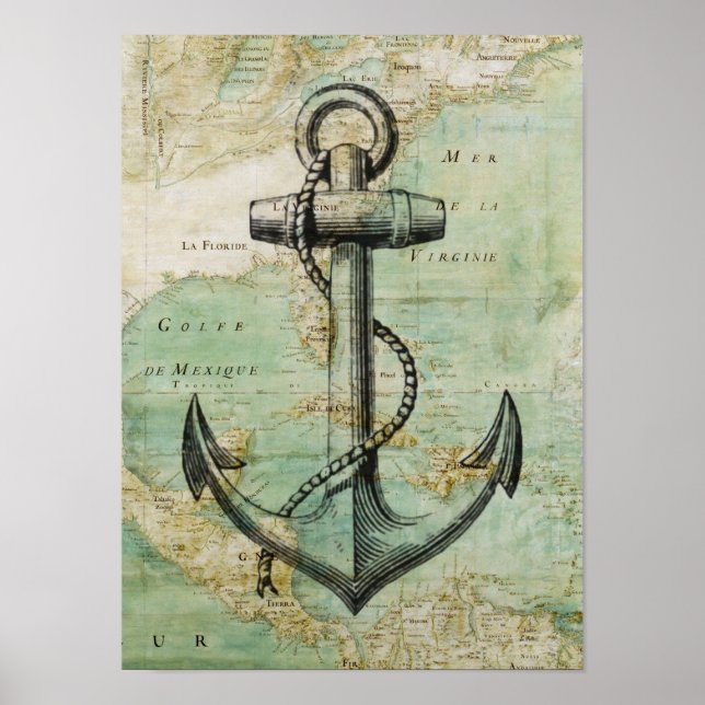 Póster Poster de Anchor y Mapa Náutico Antiguo (Frente)
