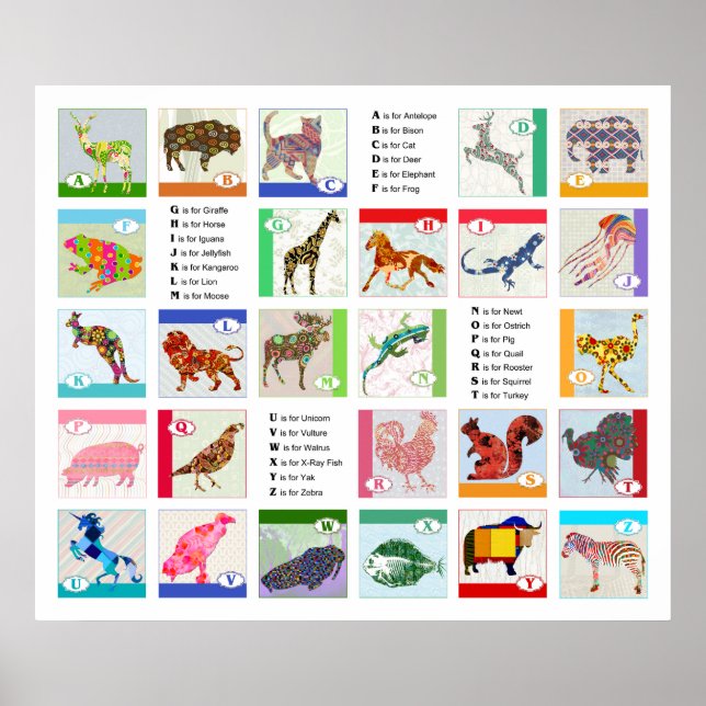Póster Poster de animales alfabetos revisado (Frente)