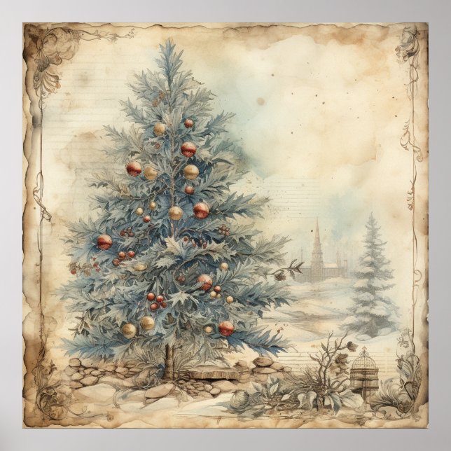 Póster Poster de árbol de navidad azul vintage (Frente)