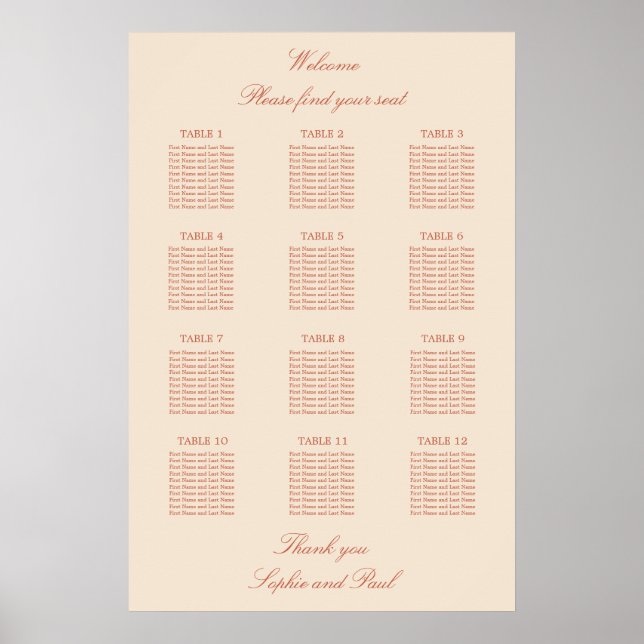 Póster Poster de asiento de Terracotta Script 12 Boda de  (Frente)