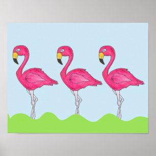 Póster Poster de Aves Rosa Flamingo de Isla Tropical