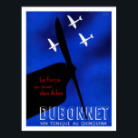 Póster poster de aviación de la era Art Deco de los años<br><div class="desc">DUBONNET. Impresiones ilustradas azules, negras, blancas y rojas en una alfombra marrón que anuncia el vino tónico. Fondo azul con silueta negra de la nariz de un avión y hélice delante y tres planos blancos, casi silueteados a lo lejos. Texto completo: "DUBONNET" escrito en sans-serif, delineado tipo de letra tridimensional...</div>