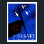 Póster poster de aviación de la era Art Deco de los años<br><div class="desc">DUBONNET. Impresiones ilustradas azules, negras, blancas y rojas en una alfombra marrón que anuncia el vino tónico. Fondo azul con silueta negra de la nariz de un avión y hélice delante y tres planos blancos, casi silueteados a lo lejos. Texto completo: "DUBONNET" escrito en sans-serif, delineado tipo de letra tridimensional...</div>