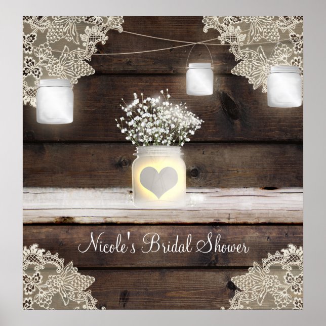 Póster Poster de banner de Rustic Wood, Lace & Mason Jars (Frente)