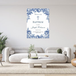 Póster Poster de bautismo de flor de toile azul