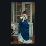 Póster Poster de biblioteca<br><div class="desc">Imagen vintage de una mujer parada en una biblioteca leyendo un libro. Ella lleva puesto un hermoso vestido azul largo con una exhibición de bajo falda blanca. Una preciosa imagen serena de 1887.</div>