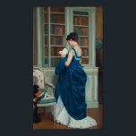 Póster Poster de biblioteca<br><div class="desc">Imagen vintage de una mujer parada en una biblioteca leyendo un libro. Ella lleva puesto un hermoso vestido azul largo con una exhibición de bajo falda blanca. Una preciosa imagen serena de 1887.</div>