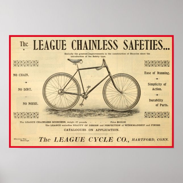 Póster poster de Bicicleta de la Liga de 1894 sin Caín (Frente)