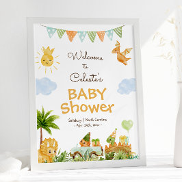 Póster Poster de bienvenida Baby Shower blanco de dinosau