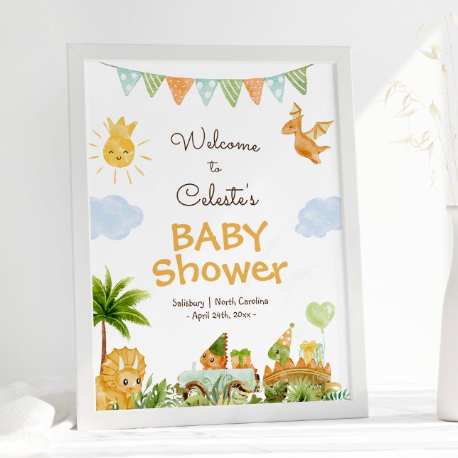 Póster Poster de bienvenida Baby Shower blanco de dinosau (Subido por el creador)