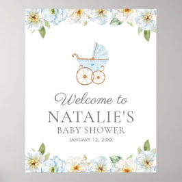 Póster Poster de bienvenida Baby Shower Blue Floral Boy