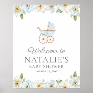 Póster Poster de bienvenida Baby Shower Blue Floral Boy