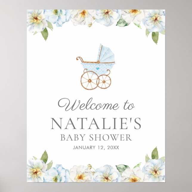 Póster Poster de bienvenida Baby Shower Blue Floral Boy (Frente)