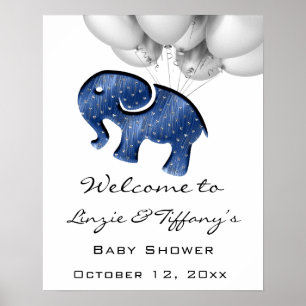 Póster Poster de bienvenida Baby Shower Blue Navy Elephan