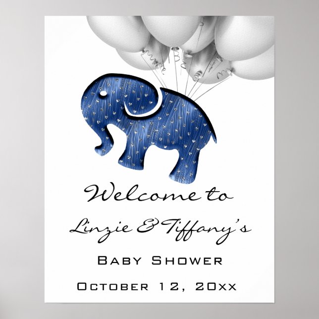 Póster Poster de bienvenida Baby Shower Blue Navy Elephan (Frente)