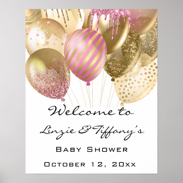 Póster Poster de bienvenida Baby Shower Pink Gold Ballons (Frente)