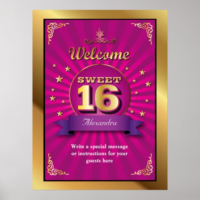 Póster Poster de bienvenida Big Bash Pink Sweet 16 (Frente)