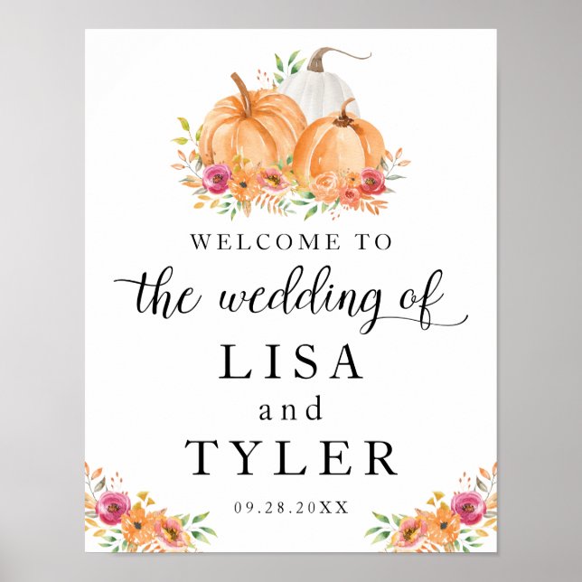 Póster Poster de bienvenida Boda de calabazas otoñales (Frente)