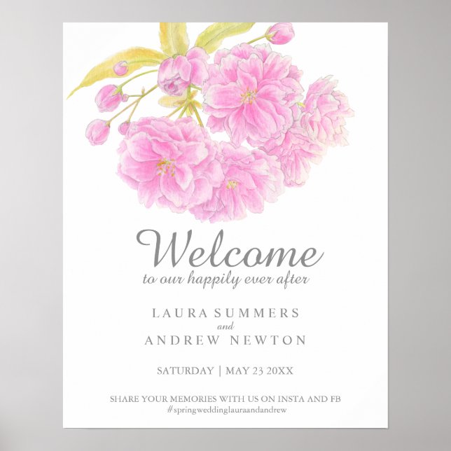 Póster Poster de bienvenida boda de floración rosa primav (Frente)
