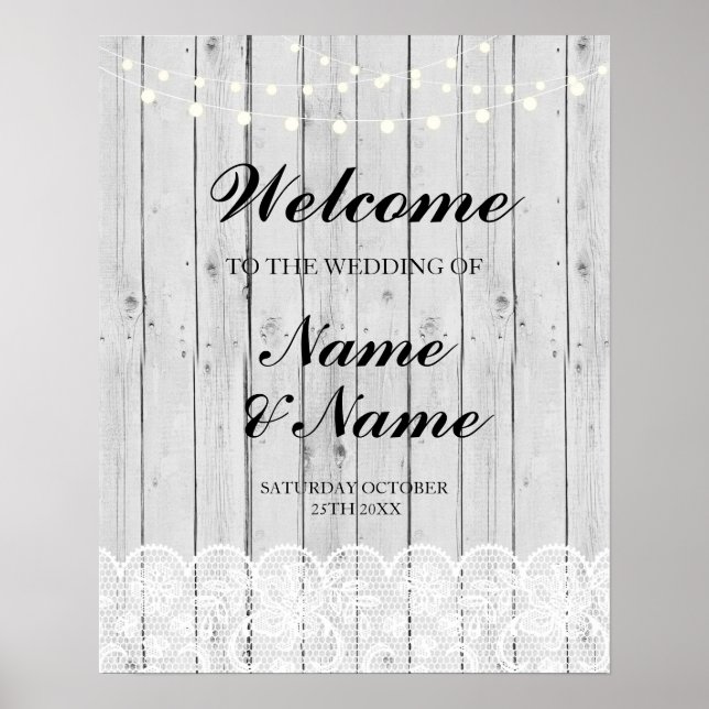 Póster Poster de bienvenida Boda de Rótulo Lace Gray Wood (Frente)